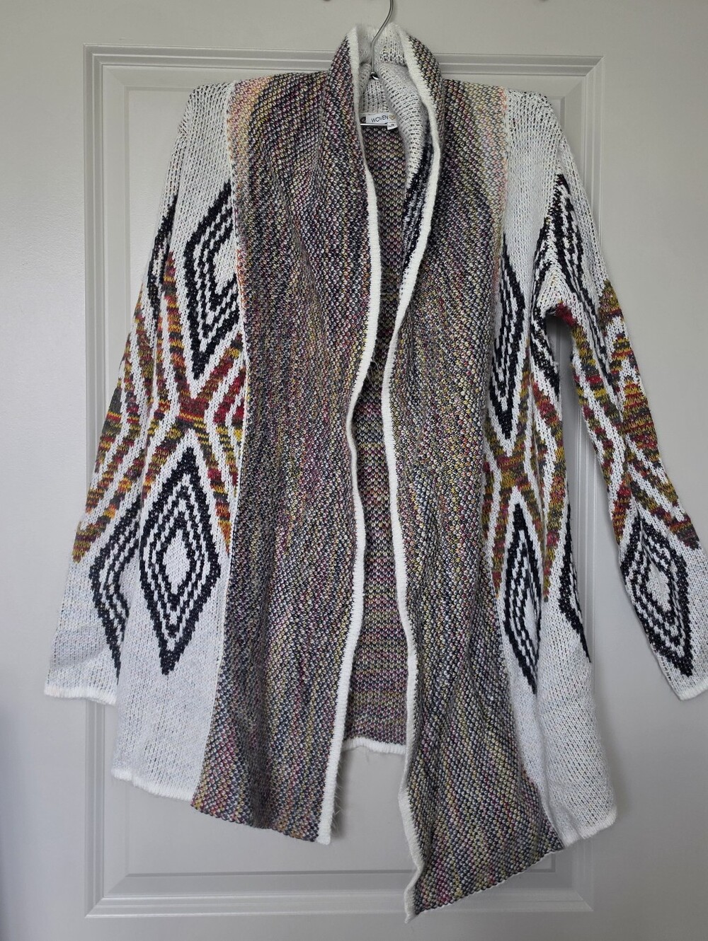 Woven Heart White Open-Front Geometric Cardigan with Multicolor Accents